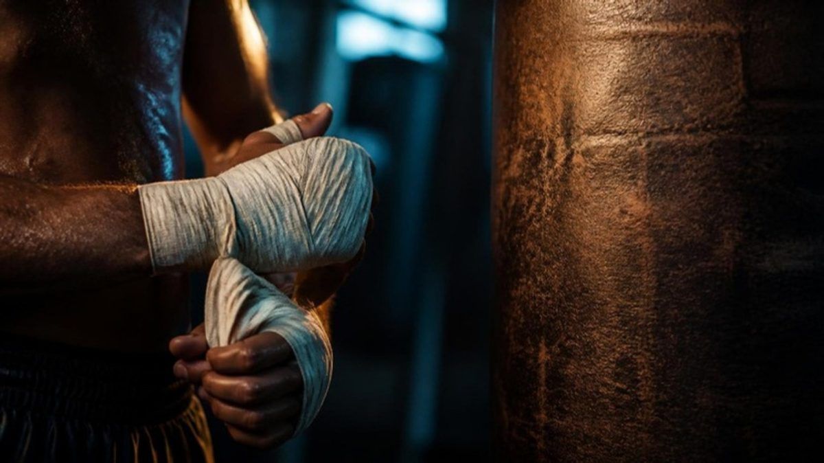 Een sporter windt bandages om zijn handen voor de les
