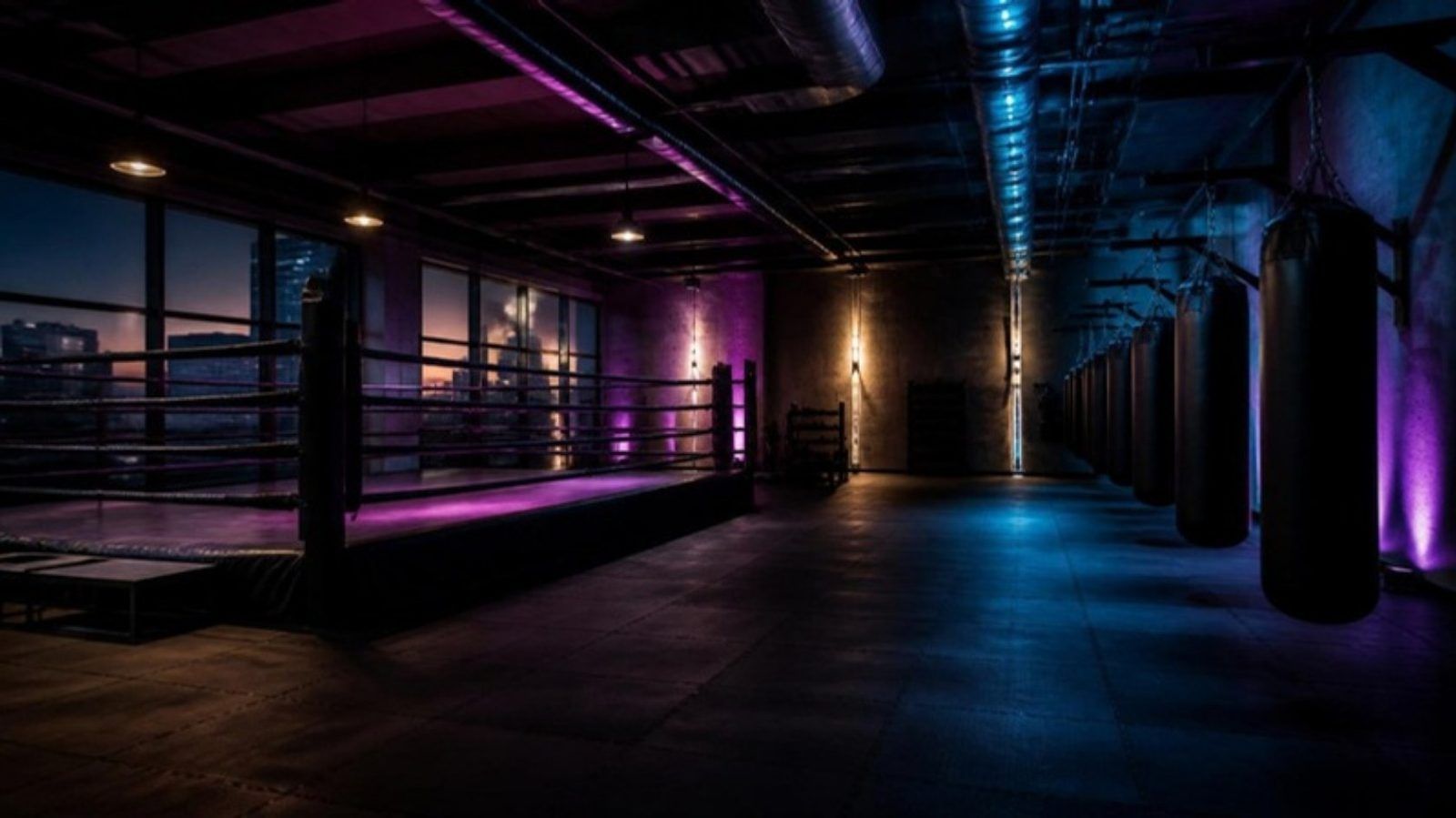 De trainingszaal van Proefzaal De Ring met stootzakken en een open matvloer